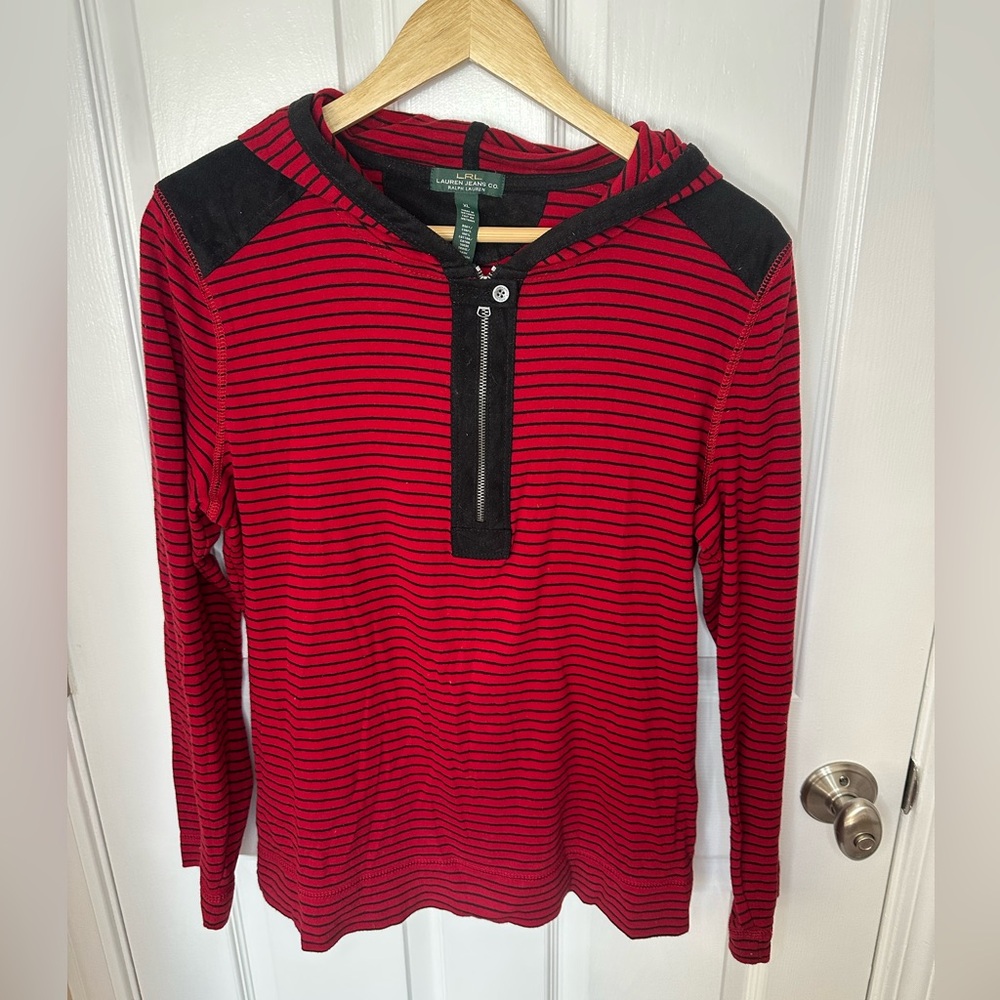 LRL Lauren Ralph Lauren Womens XL Red Striped Hoodie Preppy Activewear 1/4 Zip